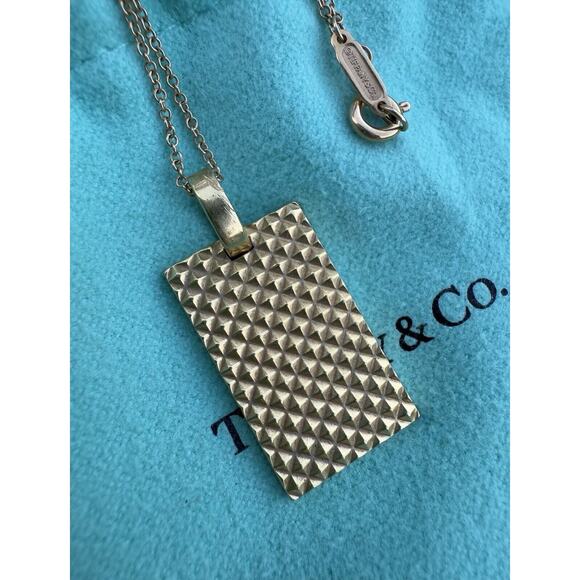 RARE Tiffany Co 18k Gold Studded Bar Dog Tag Diamond Point Pendant Necklace 16 - Picture 1 of 16